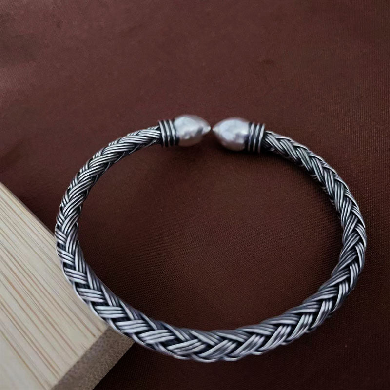 Pulsera retro y moderna personalizada tejida a mano en plata pura S999 a juego