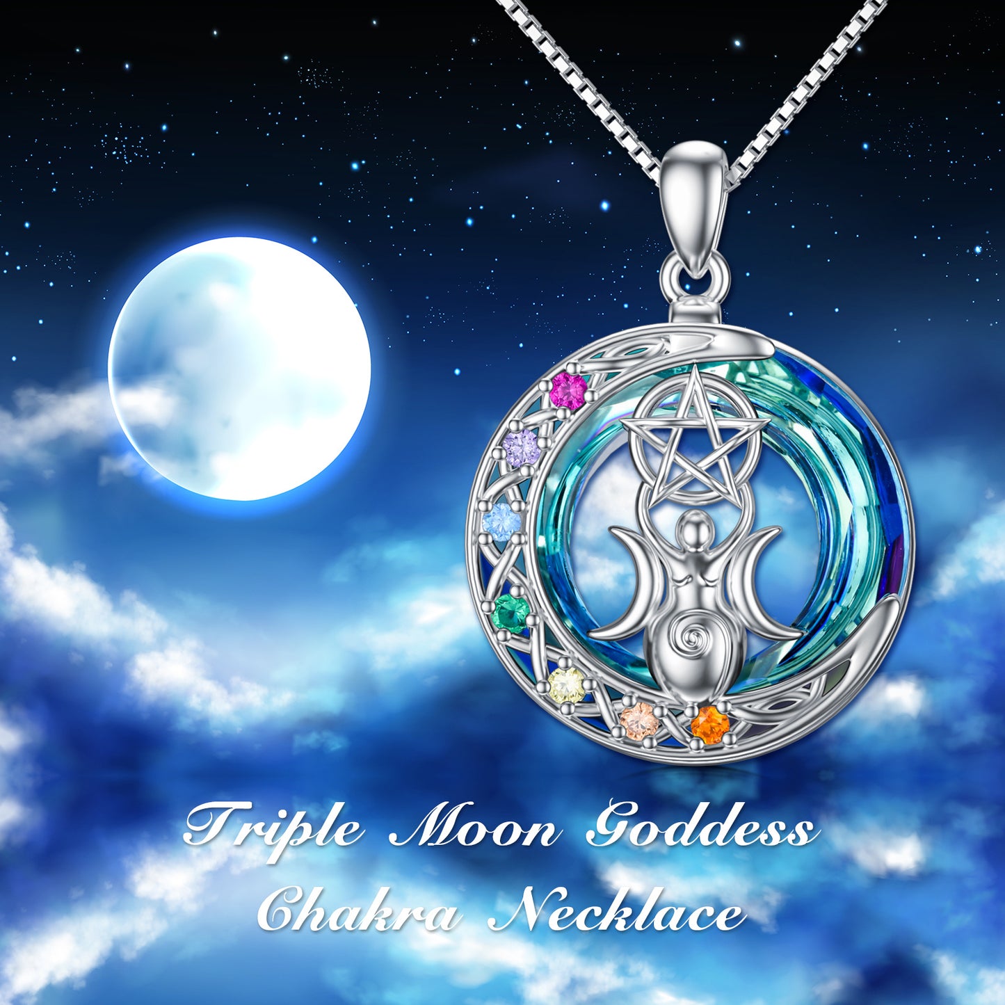 Collar de cristal de la diosa de la luna triple de los chakras en plata de ley bañada en oro blanco