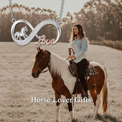 Collar de plata de ley con el símbolo del infinito y el amor de un caballo, regalo para mujer