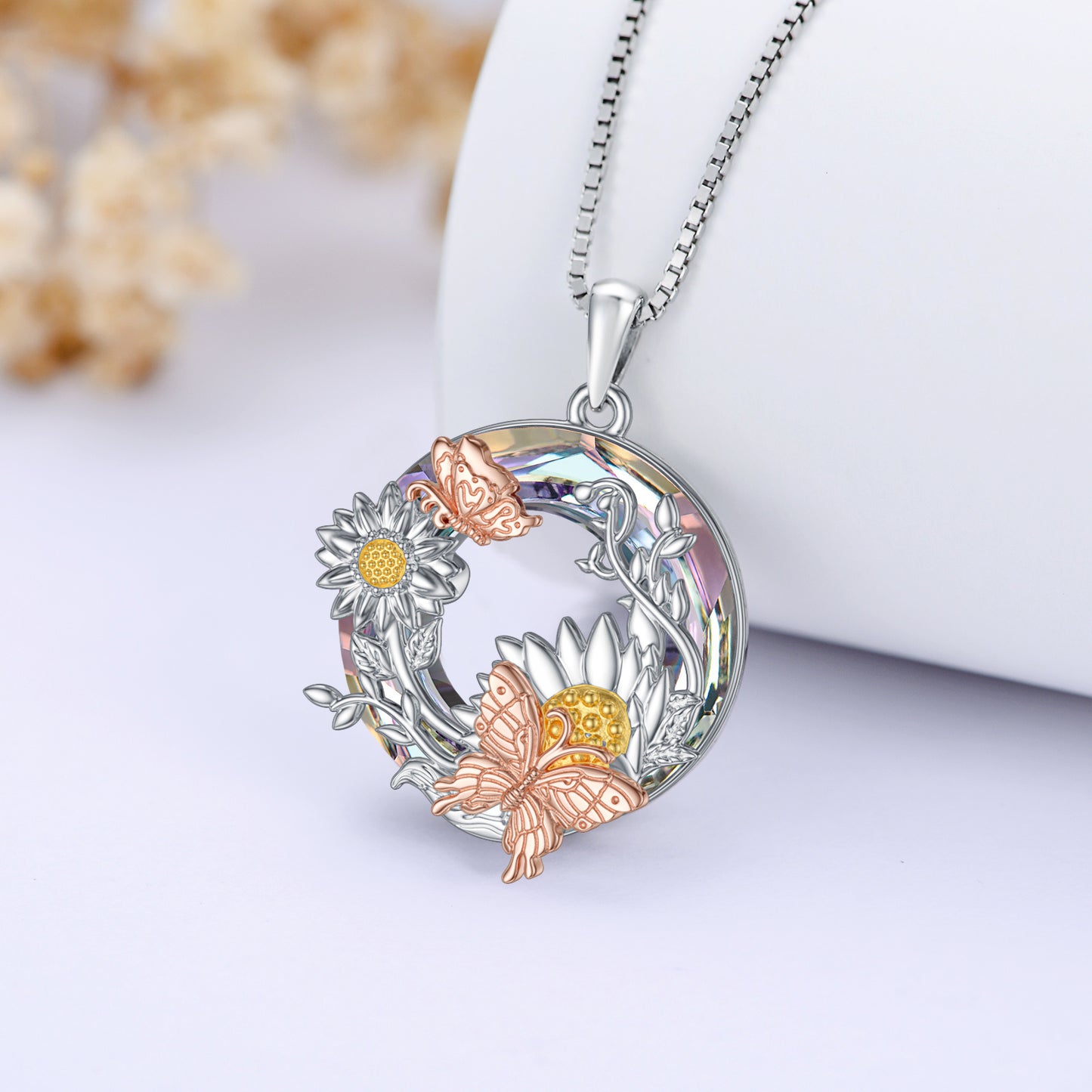 Crystal Sunflower Butterfly Necklace in Rose Gold and Gold Plated Sterling Silver