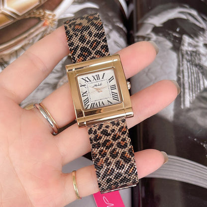 Montre carrée en maille à imprimé léopard avec ceinture en acier tendance pour femme