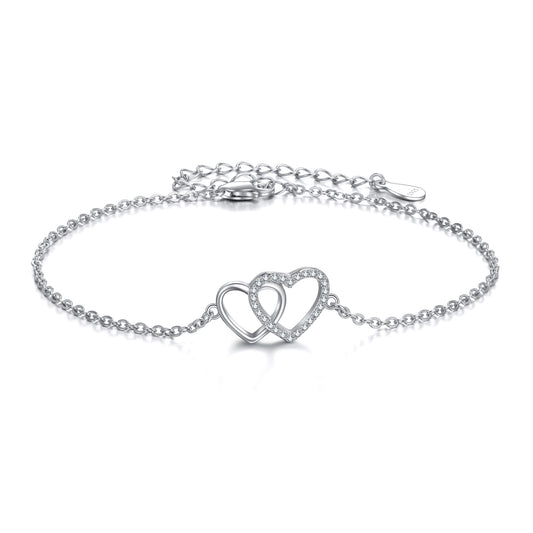 Bracelet en argent sterling avec double cœur d'amour, bijoux cadeaux pour femmes