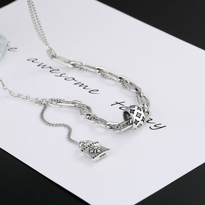 S925 Sterling Silver Print Necklace Women's Retro Style High Class Lock Tassel Chain Rework Double Layer Splice Sweater Chain