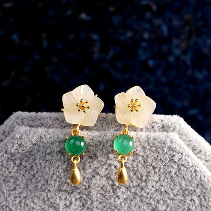 Fashion S925 Silver Plated Women's Floral Hetian Jade Ear Studs