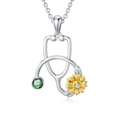 925 Sterling Silver Sunflower Stethoscope Medical Doctor Nurse Student Graduation Pendant Necklace