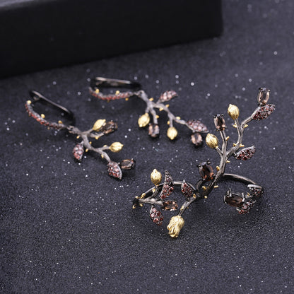 Boucles d'oreilles en argent S925 au design rétro et naturel avec pierres précieuses de couleur naturelle