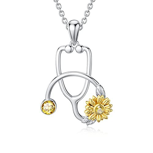 Collier pendentif stéthoscope tournesol en argent sterling 925 pour médecin, infirmière, étudiant, remise de diplôme