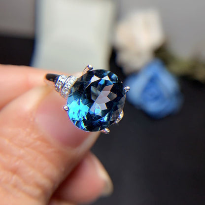 London Blue Topaz Ring Dark Blue Noble 925 Silver Inlaid