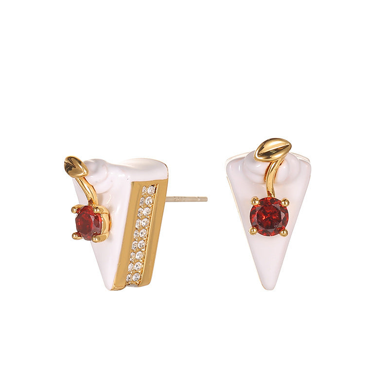 Enamel Glaze Diamond Cherry White Triangle Cake 925 Silver Stud Earrings