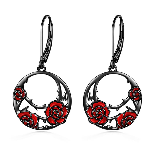 Boucles d'oreilles à levier en argent sterling avec fleur de rose rouge, bijoux pour femmes