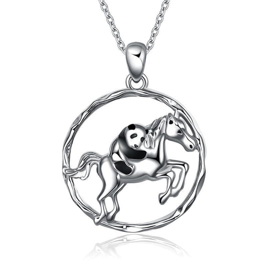 925 Sterling Silver Horse and Panda Running Horse Pendant Necklace Jewelry