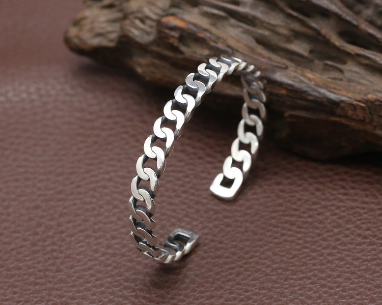 Bracelet simple en argent sterling S925 pour femme avec ouverture rétro et effet vieilli