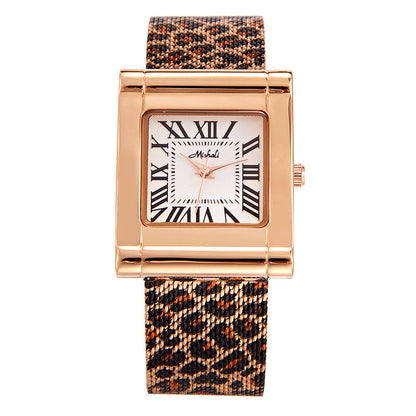 Montre carrée en maille à imprimé léopard avec ceinture en acier tendance pour femme