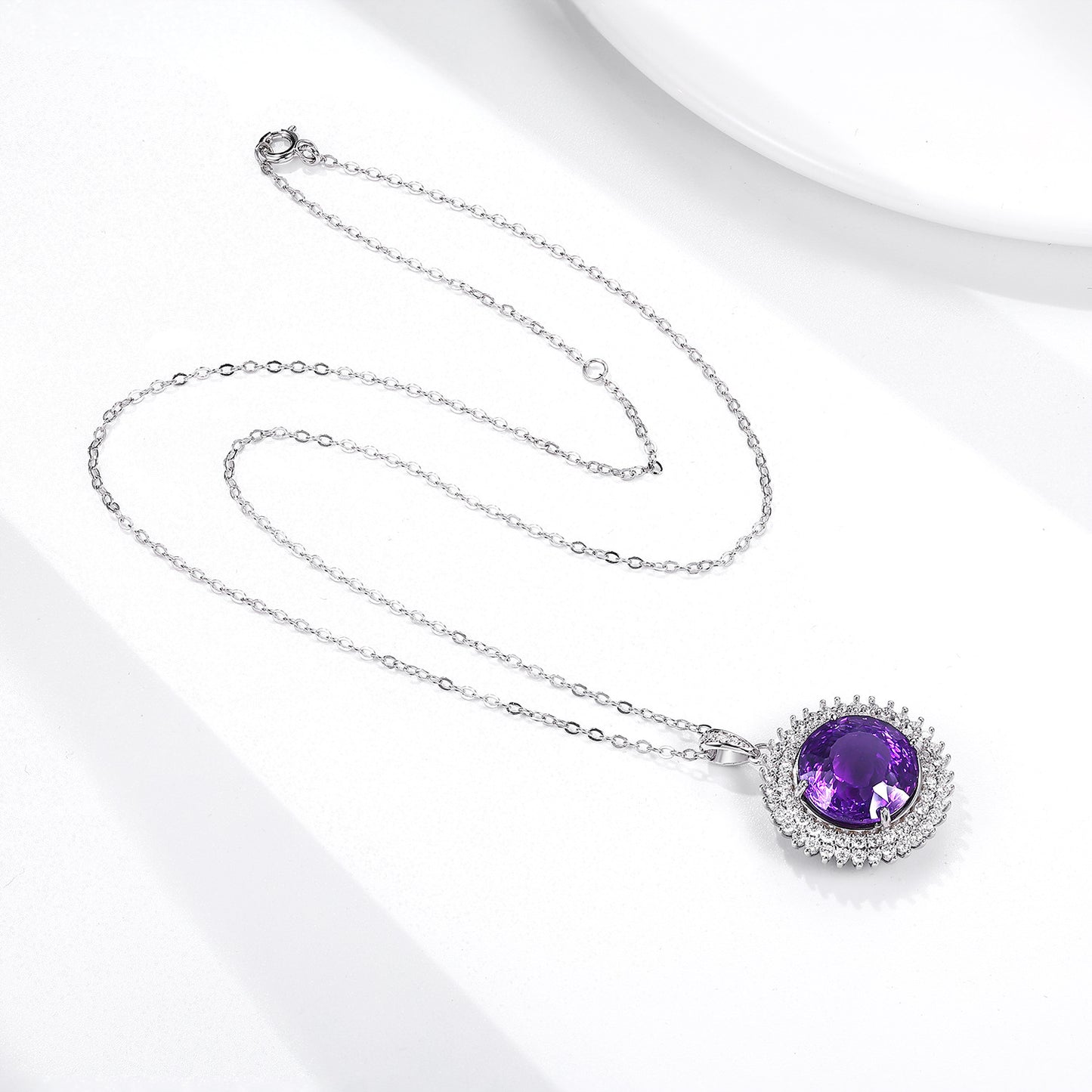 S925 Silver Set Round Bird's Nest Cut Natural Amethyst Necklace