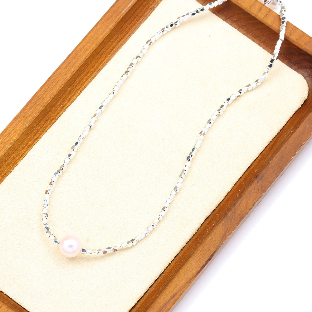 New Cute Simple Broken Silver Necklace Natural Pearl Pendant Colourful Beads Collarbone Chain Women's Accessories