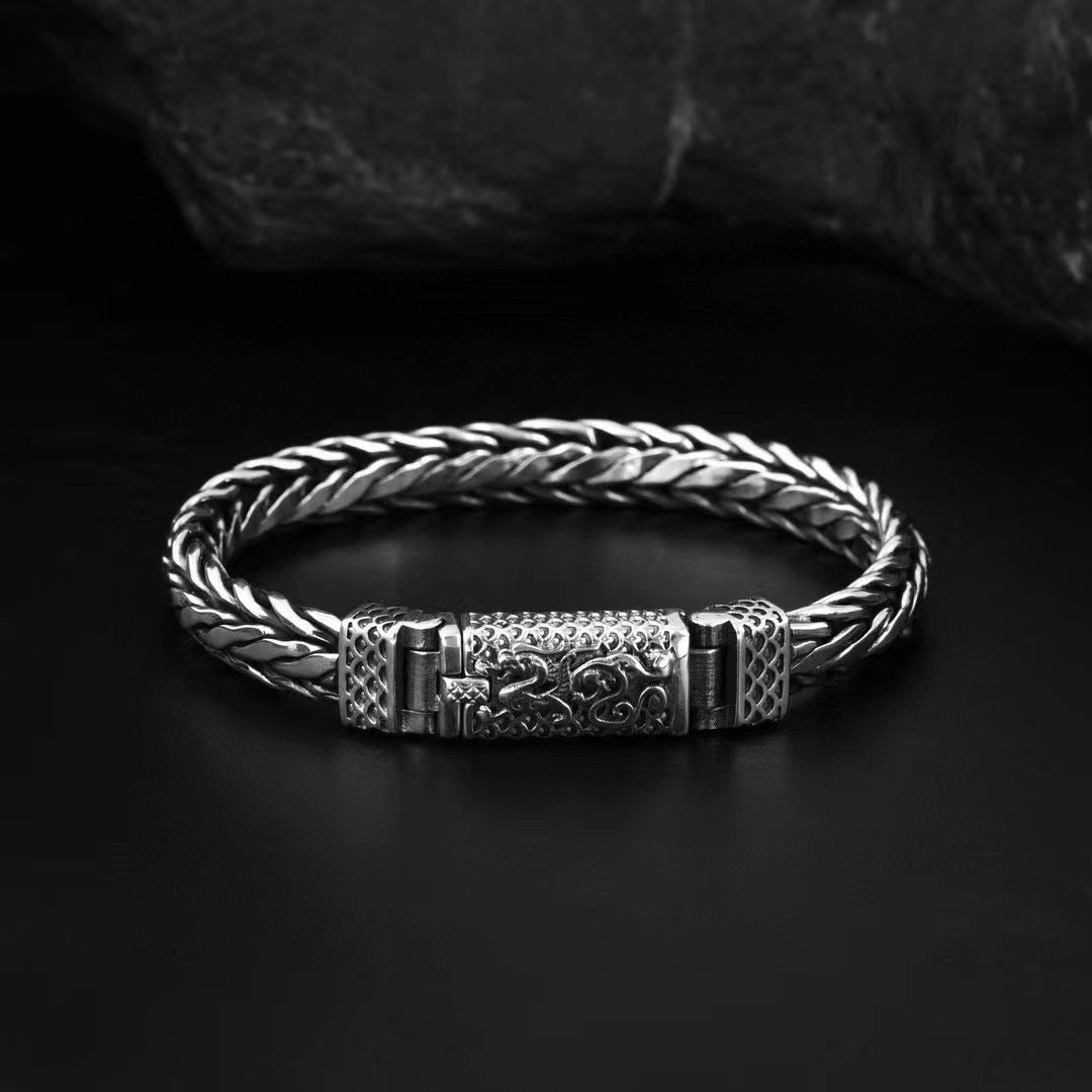 National Style Dragon Pattern Bracelet S925 Sterling Silver Hand-woven Zodiac