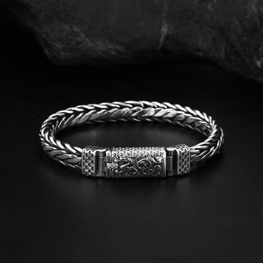 National Style Dragon Pattern Bracelet S925 Sterling Silver Hand-woven Zodiac