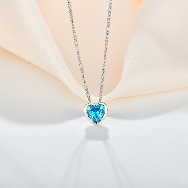 Ocean Heart S925 Sterling Silver Inlaid Zircon Heart-shaped Collarbone Necklace