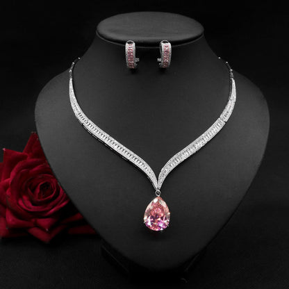 Water Drop Zircon Clavicle Necklace And Earring Set