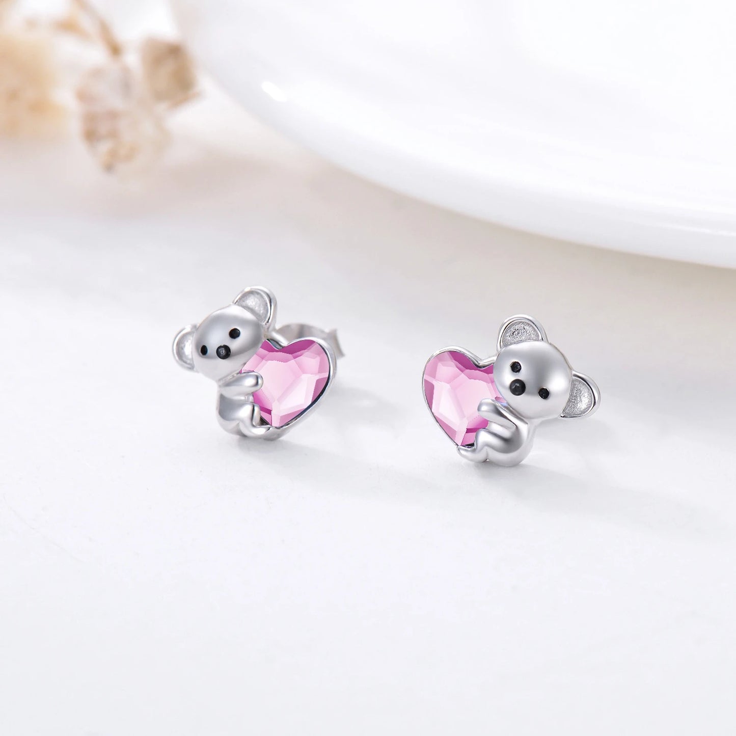 Boucles d'oreilles en argent sterling 925 avec motif de koala et animal mignon hypoallergénique en forme de cœur et de cristal