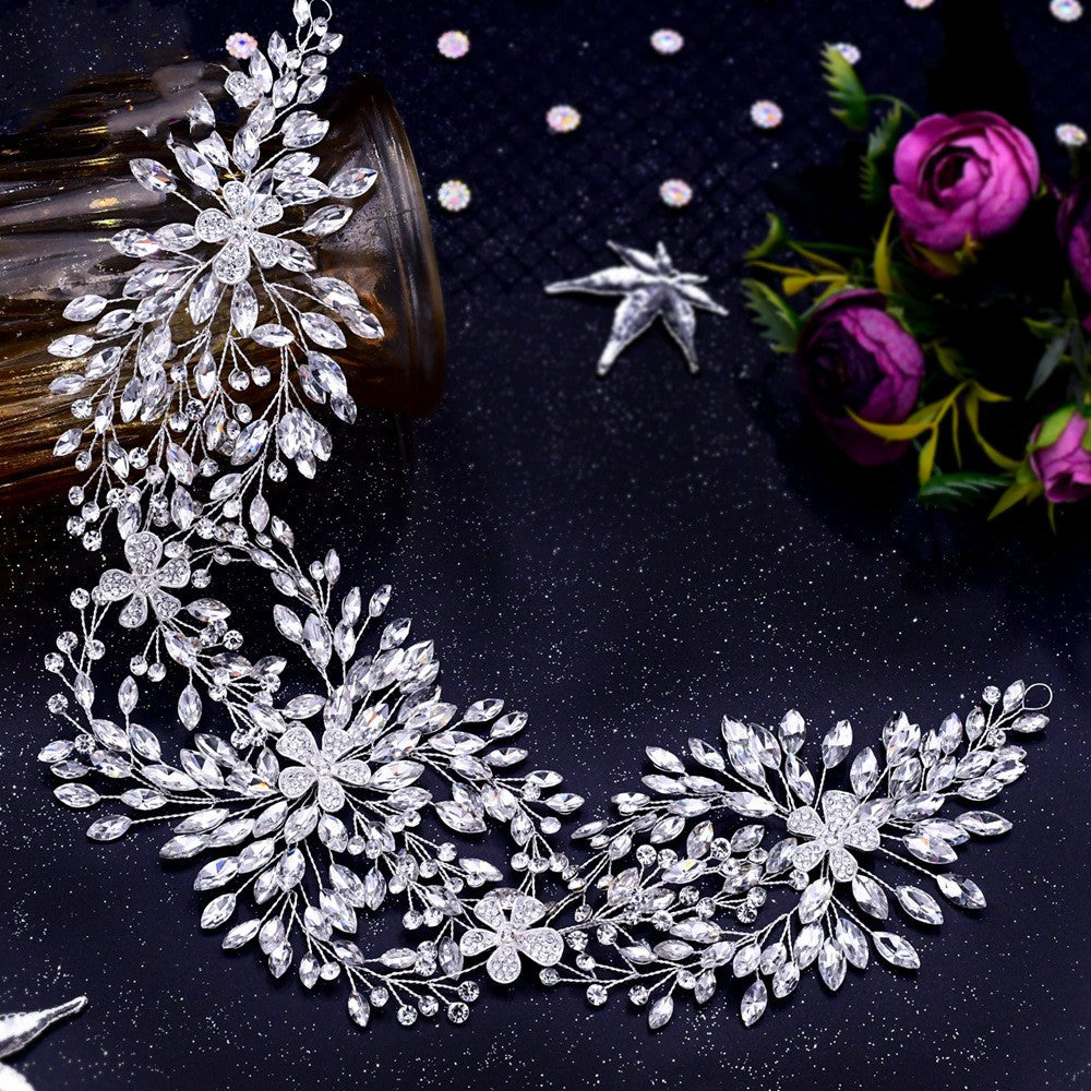 Tocado de novia alargado con flores de aleación de diamantes de imitación, accesorios de boda