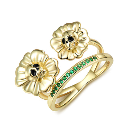 Anillo retro de calavera dorada con girasol en plata de ley S925 estilo hip hop