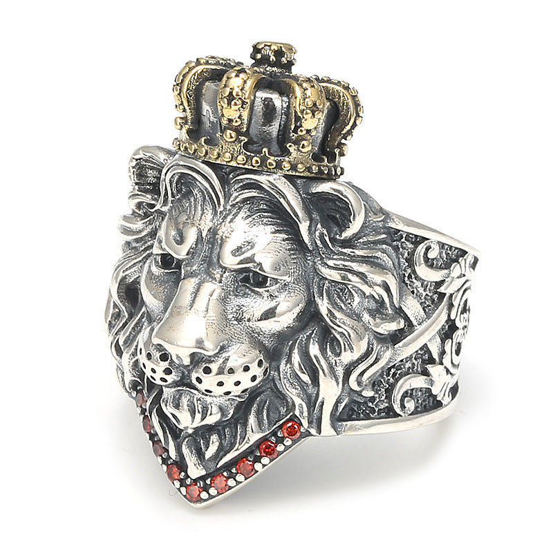 Bague tête de lion mâle en argent sterling avec croix et couronne vintage du Roi Lion