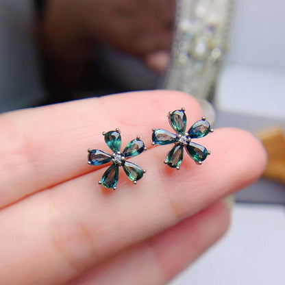 Colored Gems Jewelry 925 Silver Inlaid Natural Sapphire Water Drop Flower Stud Earrings