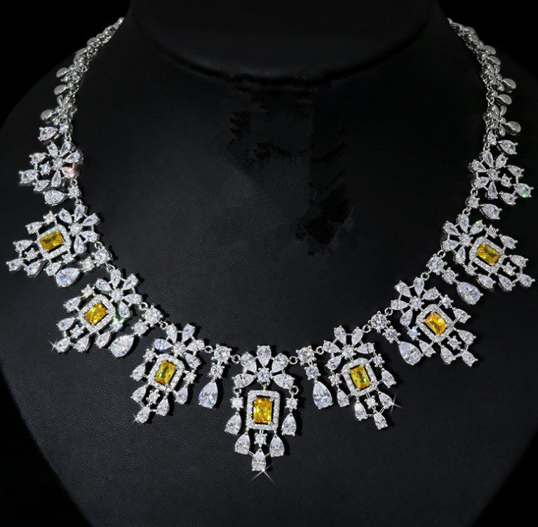 European And American Fashion Retro Square Zircon Necklace Earrings