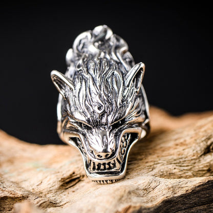 925 Sterling Silver Jewelry Rough Wolf Head Male Ring