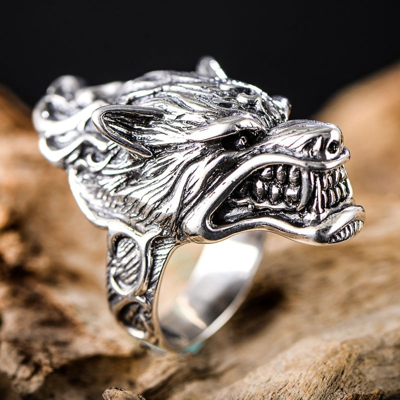 925 Sterling Silver Jewelry Rough Wolf Head Male Ring