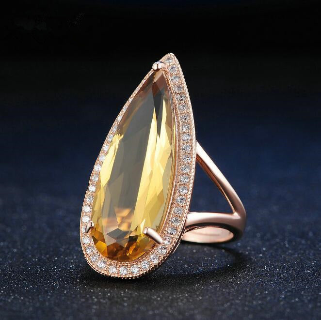 Natural citrine stone luxury waterdrop 925 sterling silver ring fine jewelry for women rose