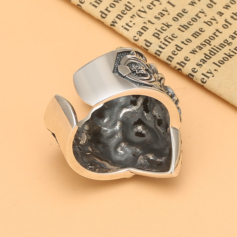 Bague tête de lion mâle en argent sterling avec croix et couronne vintage du Roi Lion