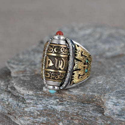 S925 Silver Vintage Craftsmanship Golden Rotatable Six-character Mantra Ring