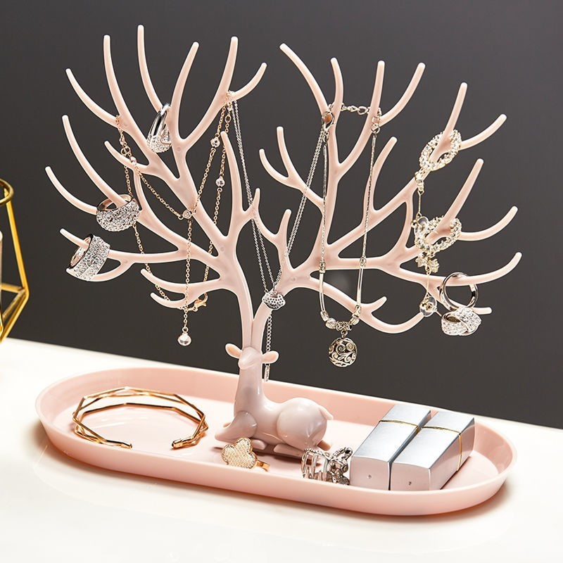 Deer Jewelry Display Stand Earrings Necklace Ring Jewelry Display Tray Jewelr Crystal Handle Antlers Jewelry Display Stand With Storage Drawer And Tray, Tree Tower Rack Hanging Organizer