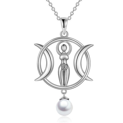 Triple Moon Goddess Necklace Amulet Wizard Pendant with Shell Pearl Necklace for Women