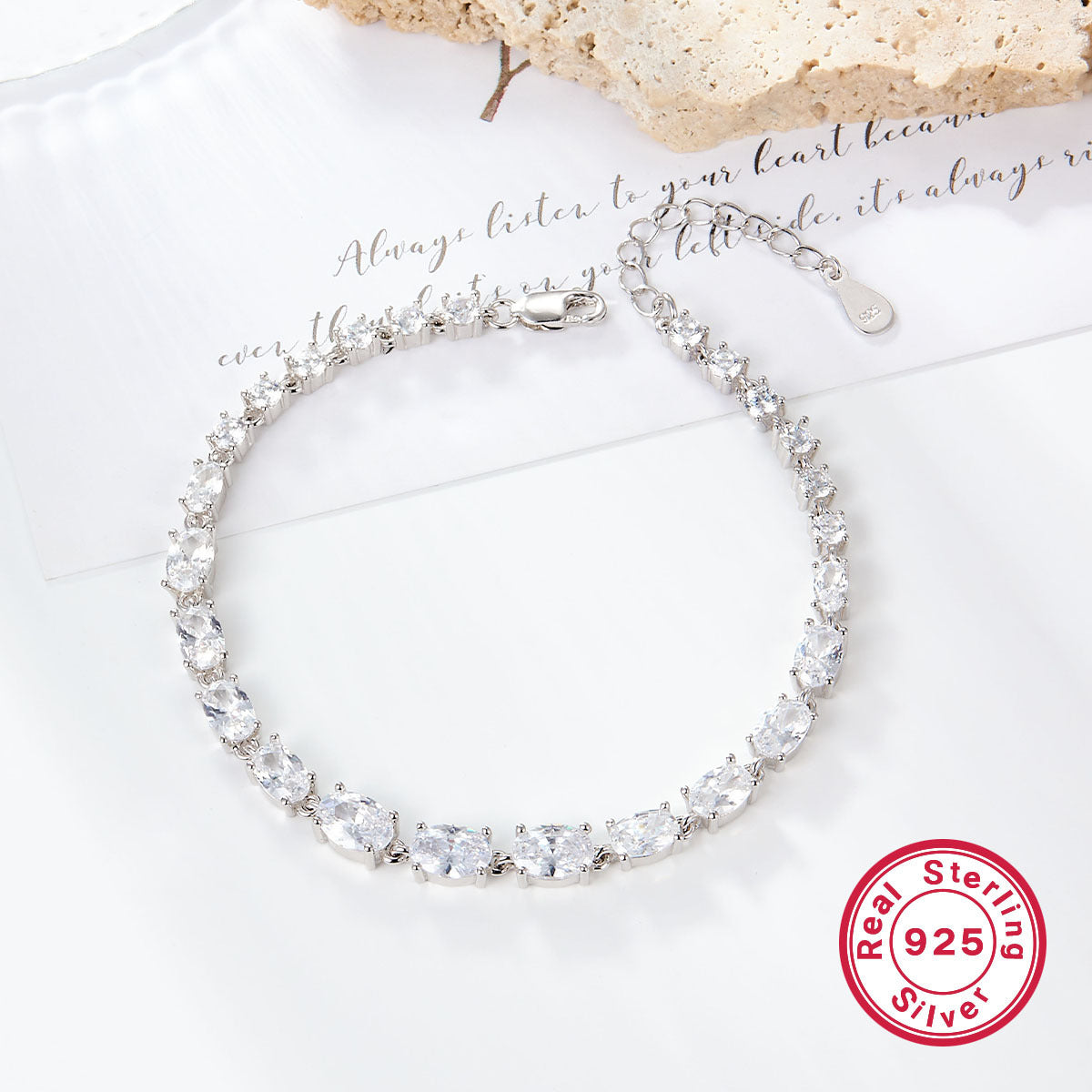 S925 Sterling Silver Mosaic Oval Zircon Bracelet