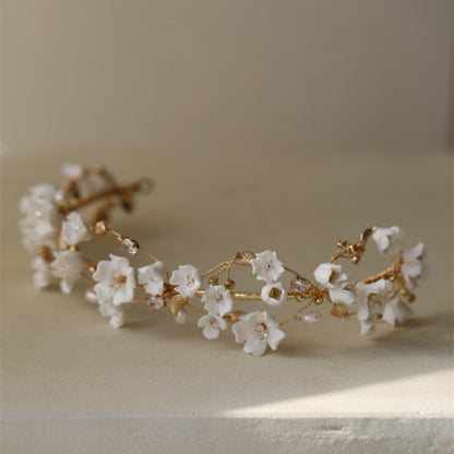 Ceramic Flower Cherry Blossom Complex Pearl Hair Hoop Bride Headdress