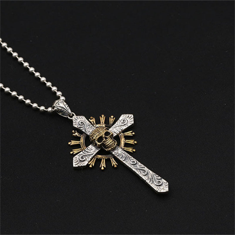 Fashion Personality Sterling Silver Retro Personality Inlaid Copper Skull Cross Pendant