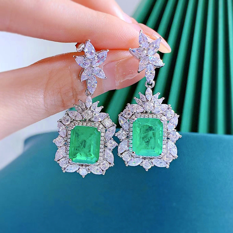 Silver Emerald Rectangle Earrings Necklace Set