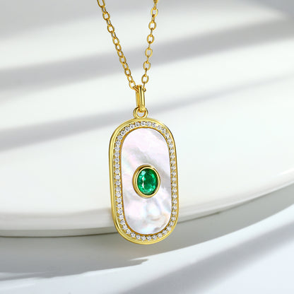 Natural Emerald Pendant S925 Silver Inlaid Fritillaria Necklace Personality Geometric Round Card Shaped Pendant