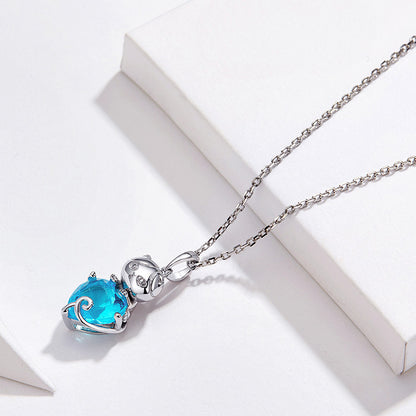 Cute Cat Blue and Platinum Plated Sterling Silver Necklace