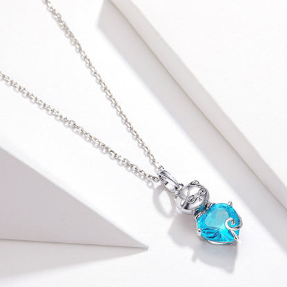 Cute Cat Blue and Platinum Plated Sterling Silver Necklace