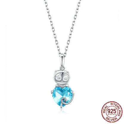 Cute Cat Blue and Platinum Plated Sterling Silver Necklace