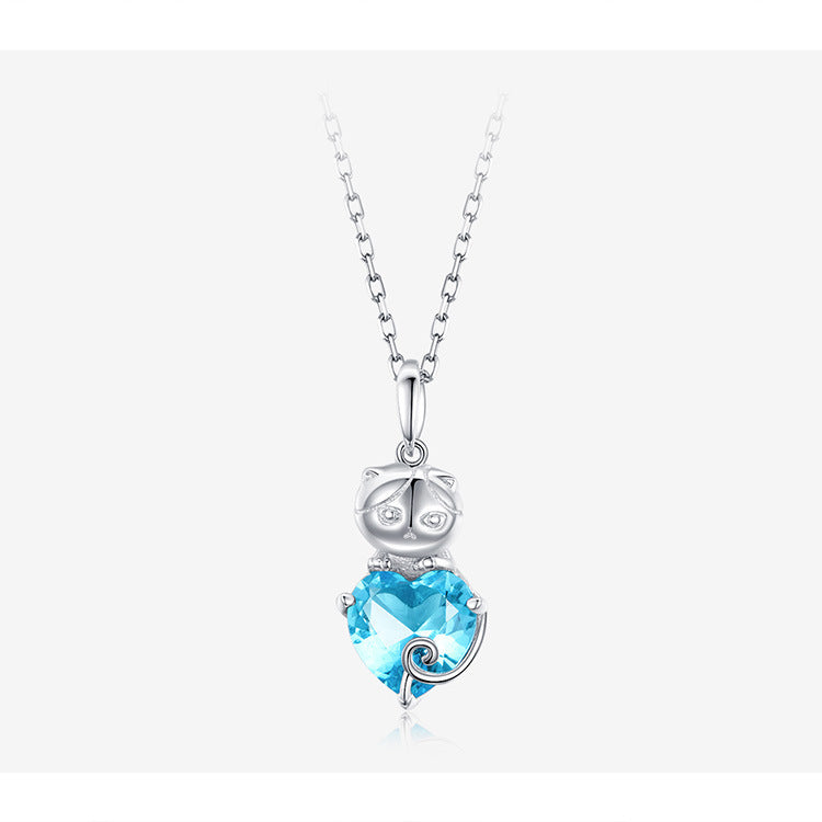 Cute Cat Blue and Platinum Plated Sterling Silver Necklace