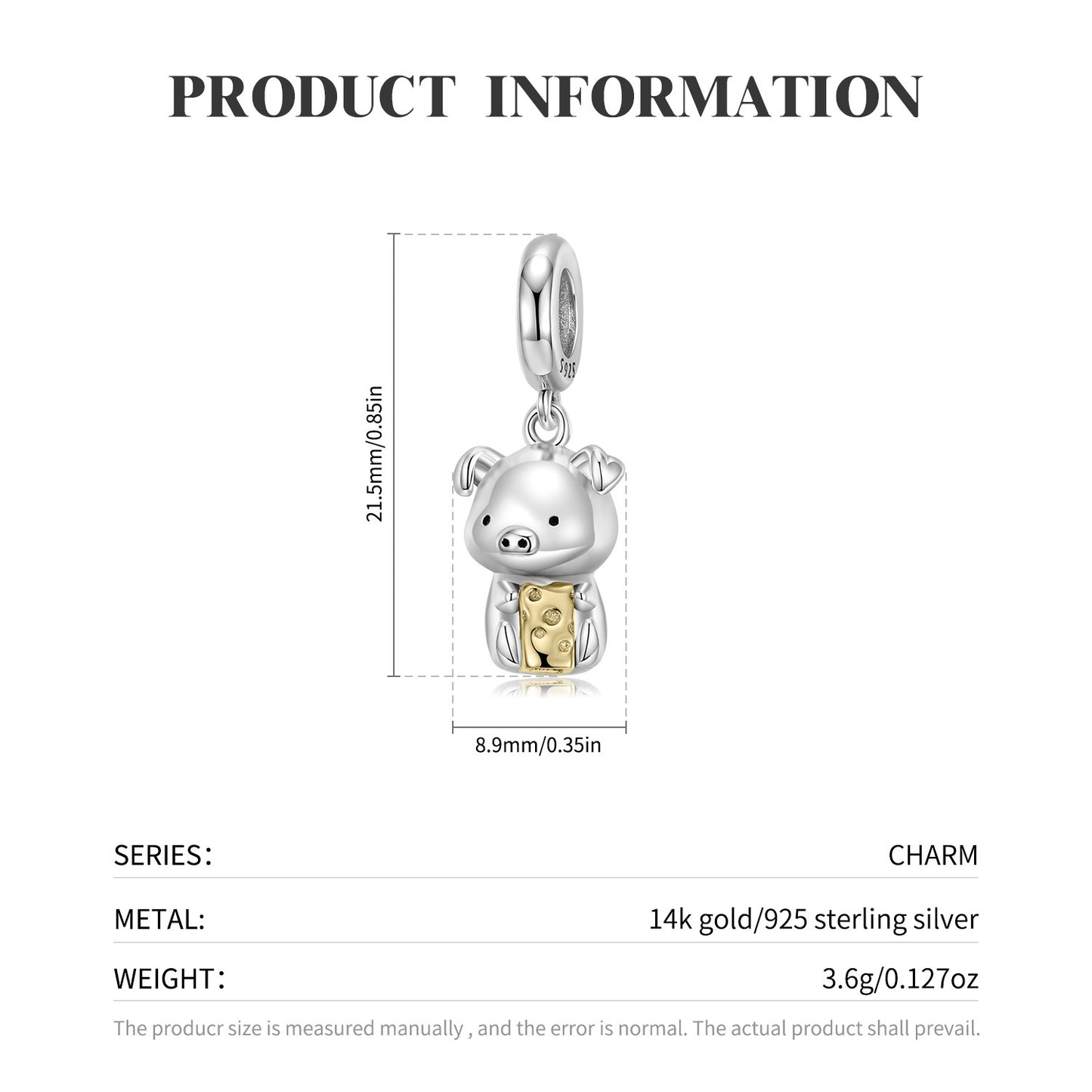 Cute Piggy Pendant 925 Silver 14K Gold Ins Style Diy Accessories