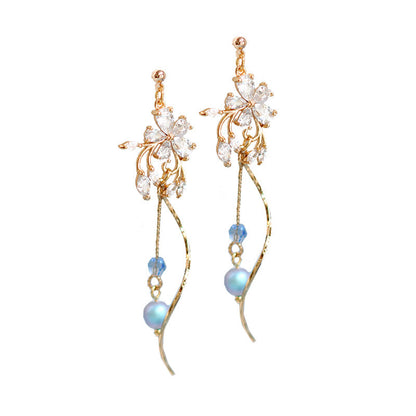 Snow Ice Tassel Design Long Flower Fairy Air Earrings,