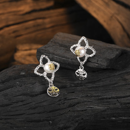 Pendientes de plata 925 con perla y temperamento de flor de abeja