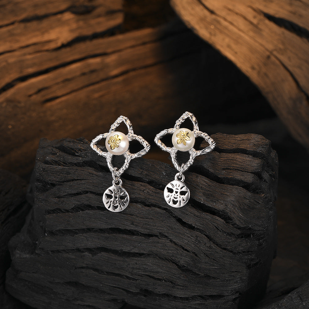 Pendientes de plata 925 con perla y temperamento de flor de abeja