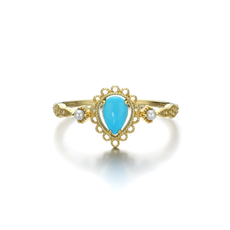 Women's Natural Turquoise Pearl Openwork Pattern Ring